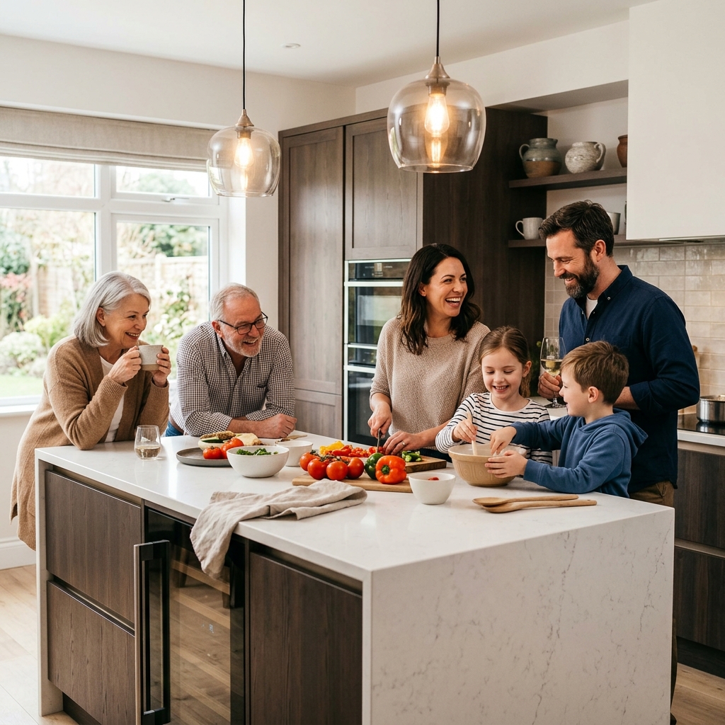 Family gathered in a beautiful custom kitchen