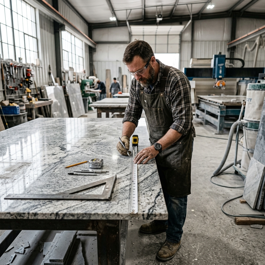Top South craftsman measuring a natural stone slab