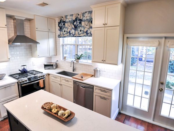 White Countertops in a Grey & White Cottage Kitchen