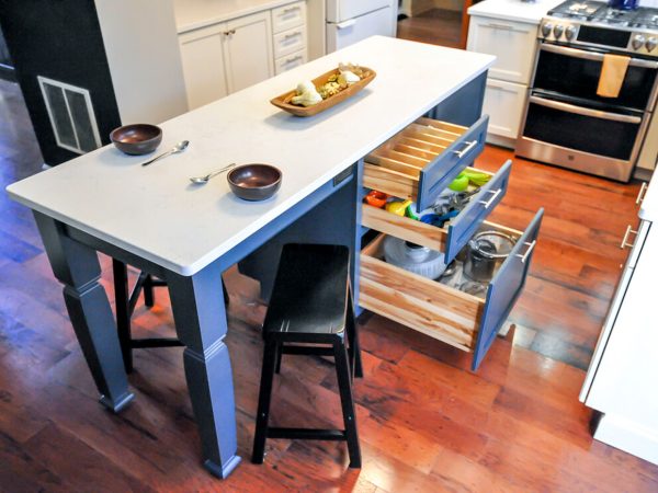 Blue Island with White Countertop & Custom Storage