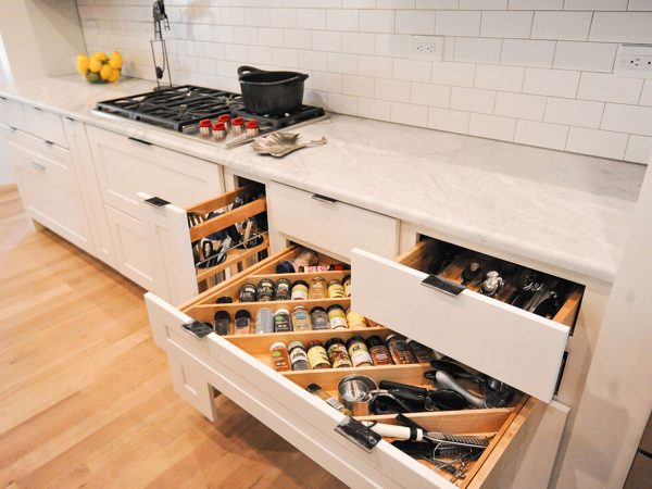 White Marble Countertop with Custom Drawer Storage