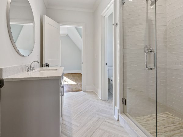 Gray Vanity & Walk-In Shower Bathroom