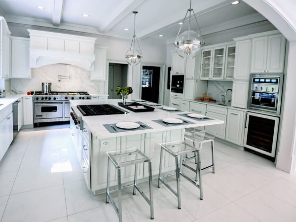 White Kitchen with Marble Island Countertop