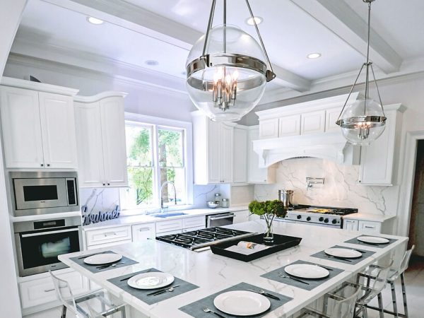 White Marble Kitchen Island with Seating