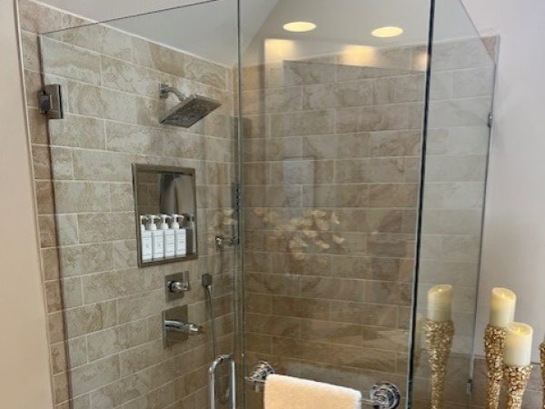 Walk-In Glass Shower with Stone Tile