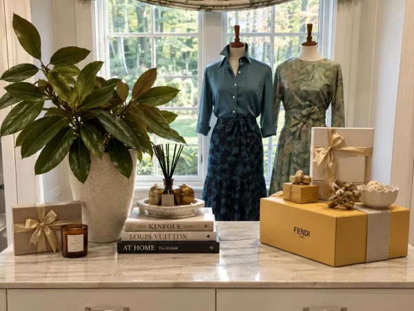 Custom closet island with marble countertop used as a styling station beneath a bay window, by TopSouth Countertops and Closets in Atlanta, GA