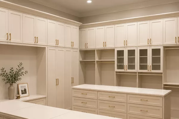 Custom walk-in closet cabinetry with double islands, quartz countertops and brass hardware by TopSouth Countertops and Closets in Atlanta, GA