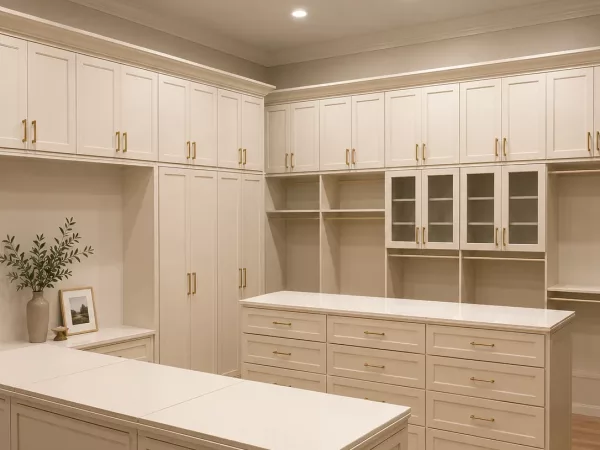 Custom walk-in closet cabinetry with double islands, quartz countertops and brass hardware by TopSouth Countertops and Closets in Atlanta, GA