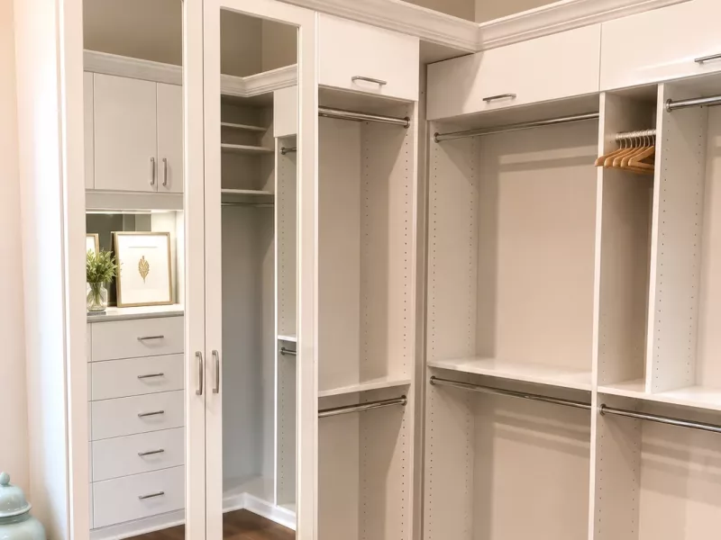 Custom reach-in closet organizer with mirrored doors and adjustable shelving by TopSouth Countertops and Closets in Marietta, GA